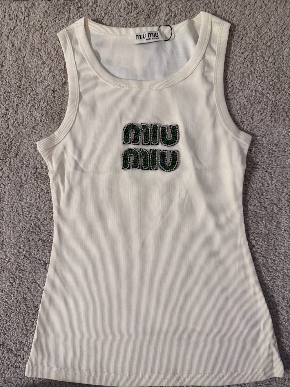 Miu Miu Cream Ribbed Muscle Tank with Green Embellished Logo